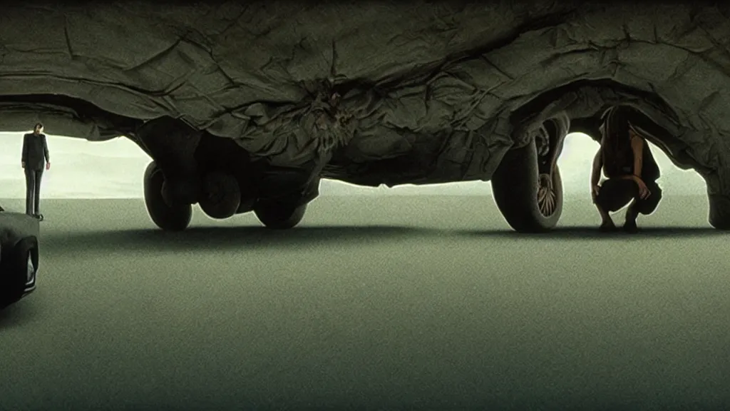Image similar to the hip creature under the car, film still from the movie directed by denis villeneuve and david cronenberg with art direction by salvador dali and zdzisław beksinski, wide lens