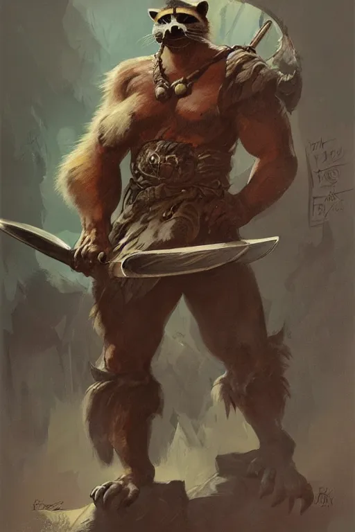 Prompt: a portrait of a male racoon folk barbarian by Frank Frazetta, WLOP and ross tran