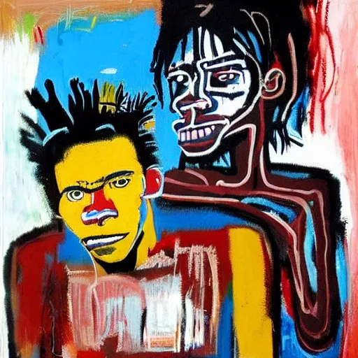 Prompt: portrait photo of jean - michel basquiat and kurt cobain in basquiat ’ s studio, photorealistic,