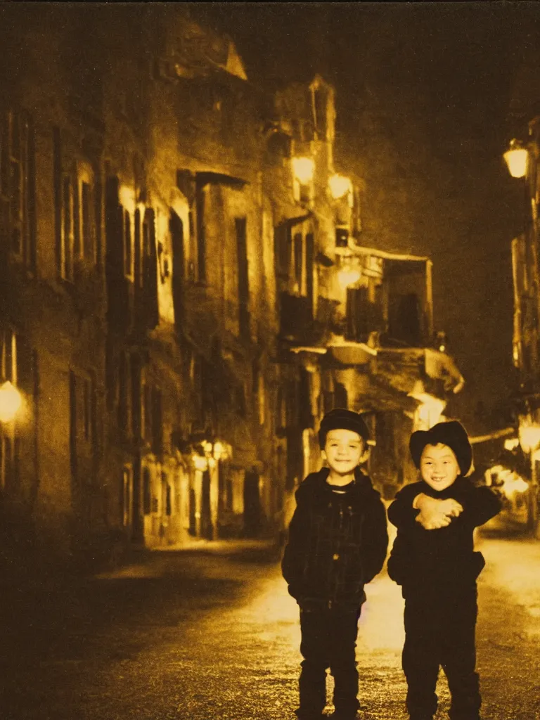 Prompt: two kids posing for a picture at night, dark, backlighting, small village, town square, old color polaroid