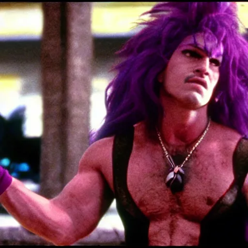 Image similar to a film still of Diavolo with purple hair from Jojo in Goodfellas(1990)