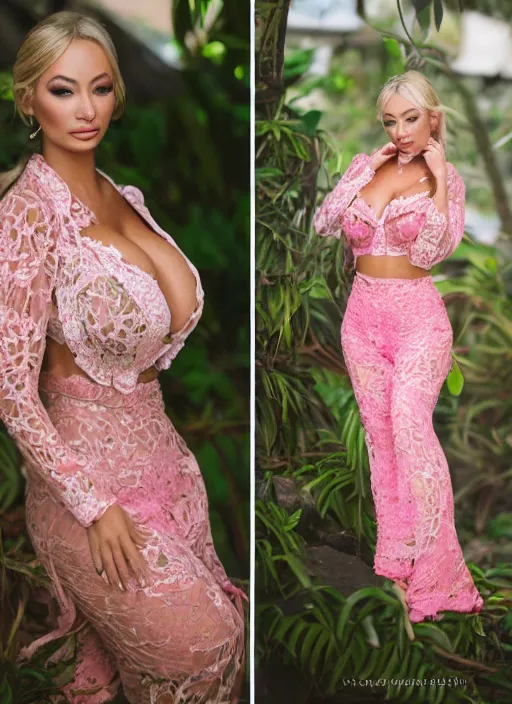 Image similar to portrait of lindsey pelas wearing pink kebaya in bali, by charlotte grimm, natural light, detailed face, canon eos c 3 0 0, ƒ 1. 8, 3 5 mm, 8 k, medium - format print