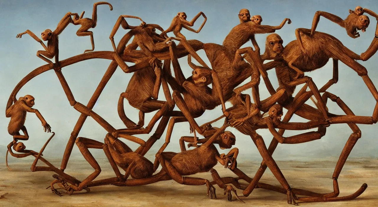 Prompt: 7 monkeys riding giant biomechanics ants, by most renowned artist of the romanticism, hiperrealism,