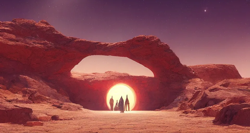 Image similar to an painting of activated star gate portal in desert, by greg rutkowski, octane render, lightbeams, digital art