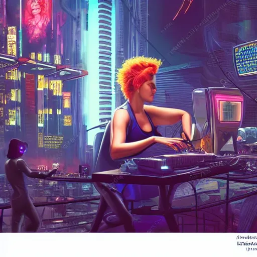 Prompt: cyberpunk scarlett johansson cyborg working on cyberpunk computer in cyberpunk farmers market by william barlowe and pascal blanche and tom bagshaw and elsa beskow and enki bilal and franklin booth, neon rainbow vivid colors smooth, liquid, curves, very fine high detail 3 5 mm lens photo 8 k resolution