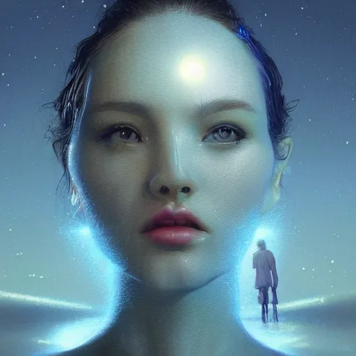 Prompt: 3 d, sci - fi, close - up, night, sleepy fashion model face, moon rays, cinematic, clouds, sun rays, vogue cover style, poster art, blue mood, realistic painting, intricate oil painting, high detail illustration, figurative art, multiple exposure, poster art, 3 d, by tooth wu and wlop and beeple and greg rutkowski