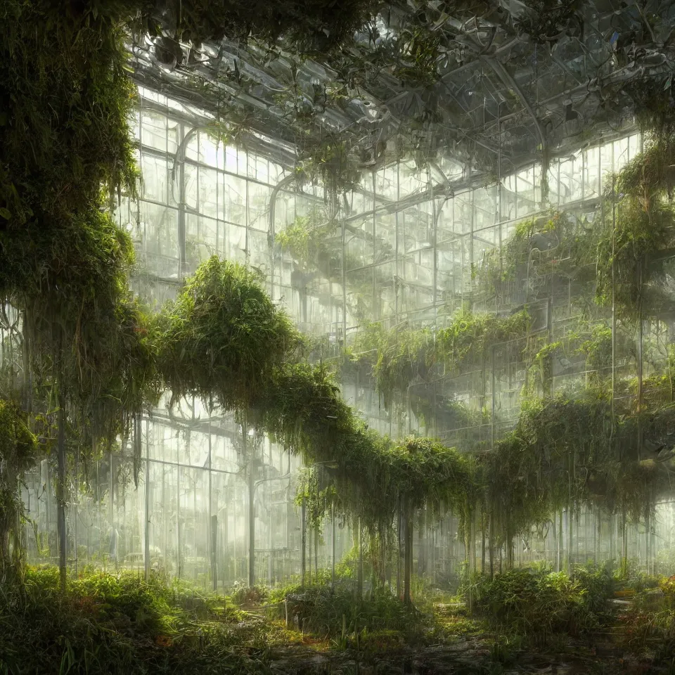 Image similar to a beautiful hyperrealistic detailed rendering a futuristic greenhouse biolab with overgrown bioluminescent plants, hazy lighting, by john howe, lee madgwick, hubert robert, epic scale ultrawide angle, deviantart, 4 k wallpaper, dawn, warm cinematic volumetric lighting, deep colors