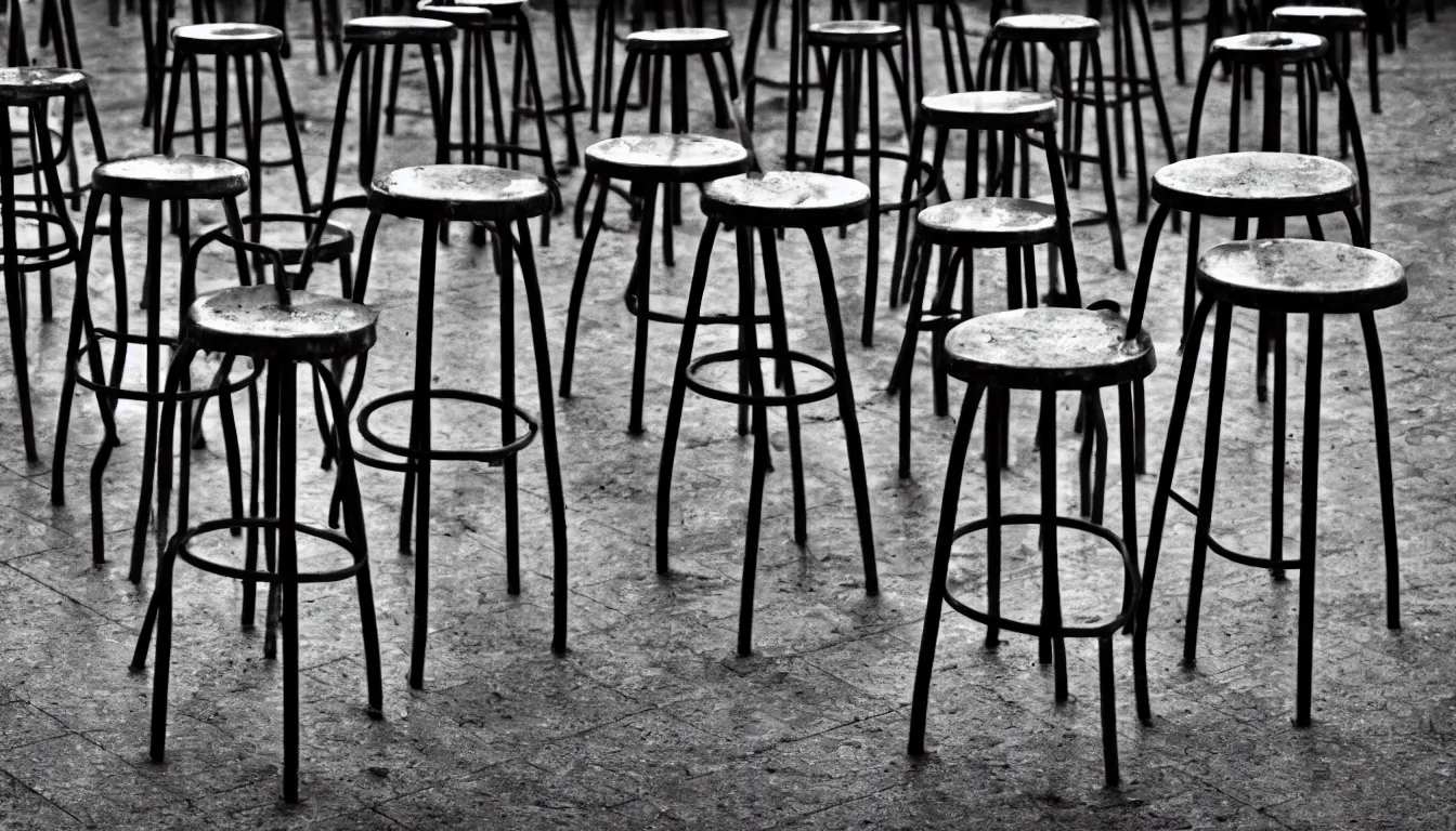 Prompt: empty fair, stools, no people, sad, melancholic, depressing, very detailed, emotional, 4 k