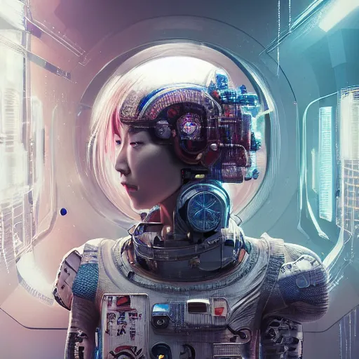 Image similar to hyperrealistic portrait of a woman monster astronaut, full body portrait, well lit, intricate abstract. cyberpunk, intricate artwork, by Tooth Wu, wlop, beeple. octane render,in the style of Jin Kagetsu, James Jean and wlop, highly detailed, sharp focus, intricate concept art, digital painting, ambient lighting, 4k, artstation