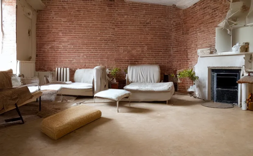 Image similar to living room interior, old beige walls, brown tiled floor, one wall with bricks, white plastic garden chairs, ashtray, stained beige deep pile rug, 1990s oak wood furniture