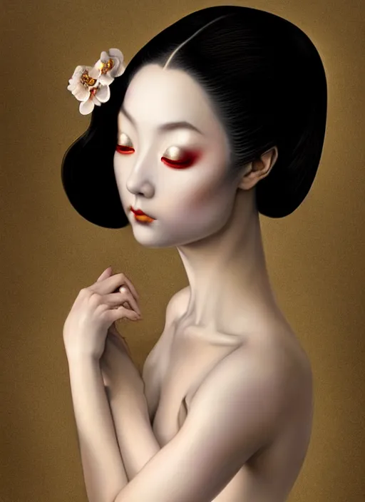 Prompt: organic seductive Geisha, pearlescent skin, diffuse lighting, fantasy, intricate, elegant pose, highly detailed, lifelike, photorealistic, digital painting, artstation, illustration, concept art, different point of view, smooth, sharp focus, art by John Collier and Albert Aublet and Leonardo da vinci and Moebius and Krenz Cushart and Artem Demura and Alphonse Mucha