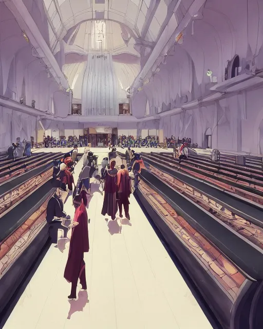 Image similar to moebius and ghibli digital matte art of a crowd in a futuristic church, priest, pews, ethereal, inviting, bright, unreal engine, hyper realism, realistic shading, cinematic composition, realistic render, octane render, detailed textures, photorealistic, wide shot