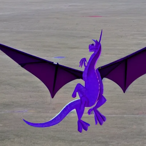 Prompt: a purple dragon sitting on the top of an aeroplane