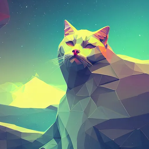 Image similar to low poly cat by beeple, artstation, teal and orange color scheme, flowers, No Man's sky anton fadeev asher brown durand 8k resolution, beautiful at night, zodiac signs in the stars