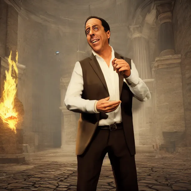 Image similar to jerry seinfeld reimagined as a boss in dark souls, dark cinematic, volumetric, realistic, cinematic lighting, ray tracing, unreal engine 5, unreal engine render, octane render, hyper realistic, photo, 8 k