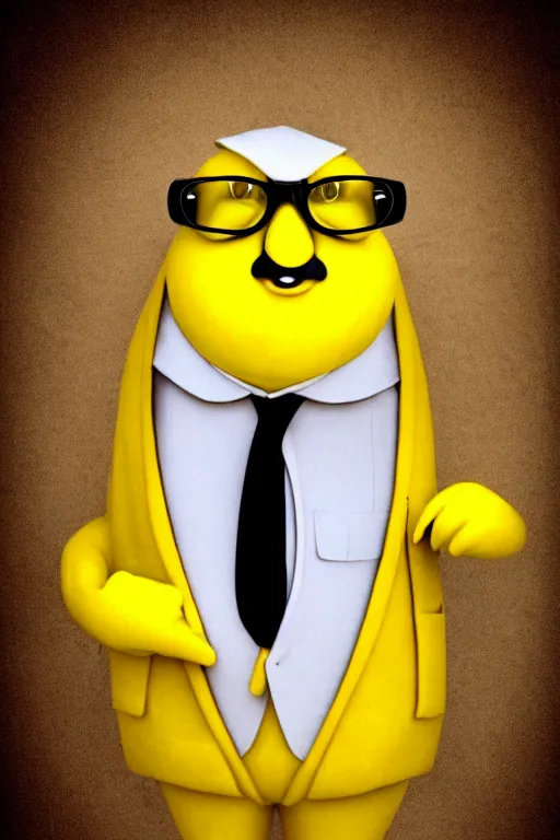 Prompt: a lemon character wearing a suit and glasses, vintage photograph, sepia