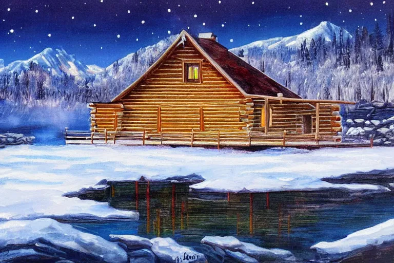 Prompt: a beautiful painting of a log cabin by a lake in front of snowcapped mountains at night. there's smoke coming from the chimney of the log cabin.