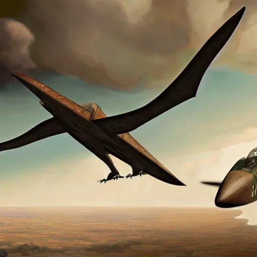 Image similar to a detailed matte painting of a pterodactyl flying with nazi messerschmitt in a bombing raid, 8 k, artstation, art in a turn of the century pulp novel style