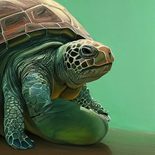 Prompt: painting of a woman sitting in front of a giant turtle in contemplation. green muted colour scheme. trending on artstation. detailed.