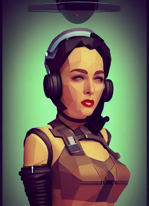 Prompt: d & d style retro sci - fi pilot pinup, beautiful face! and wearing full detailed clothing, lowpoly