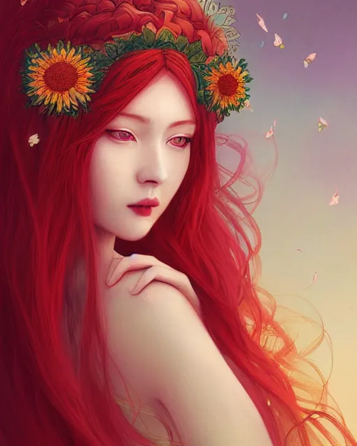 Image similar to the goddess of summer, with lotus on her head, red hair, half - length head portrait, dreamy, beautiful, by wlop