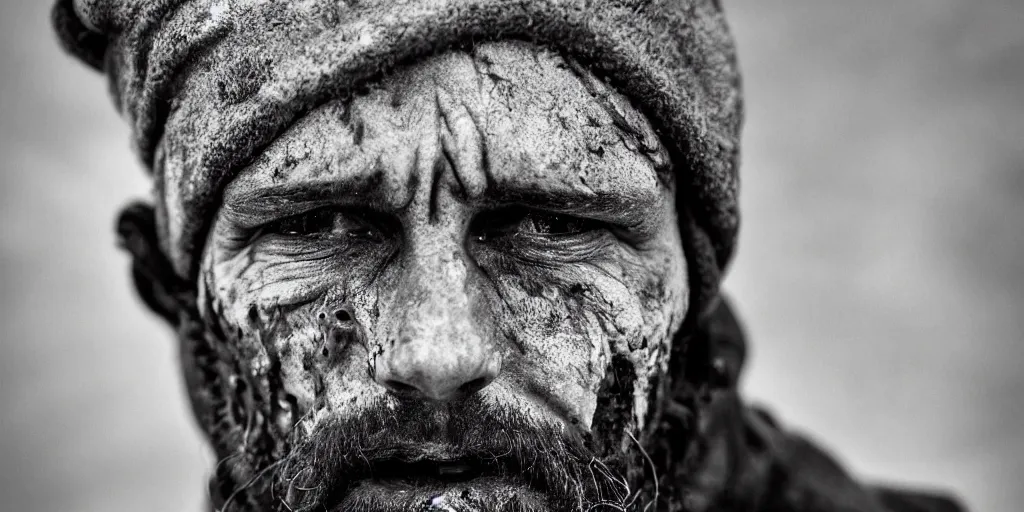 Prompt: old alpine famer face, scars, smeared with oil and dust, sad face expression, dark, looking in camera, black and white, dolomites in background, crying, missing teeth, beard, little hair dolomites dark eerie despair portrait photography artstation digital art adward winning