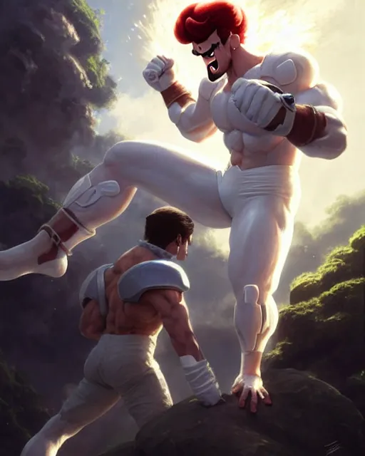 Prompt: gigachad luigi fighting like brock samson in a white suit, fantasy character portrait, ultra realistic, anime key visual, concept art, intricate details, highly detailed by greg rutkowski, ilya kuvshinov, gaston bussiere, craig mullins, simon bisley