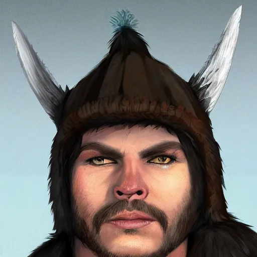 Prompt: head and shoulders character portrait of Bjørn, a young travelling shaman wearing a bearskin cloak with a fang dagger. D&D character art.