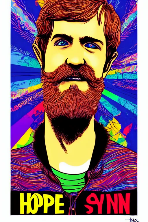 Image similar to inspirational style hope poster of bo burnham with beard, psychedelic colors, highly detailed, realistic, loving, portrait by james gurney and laurie greasley