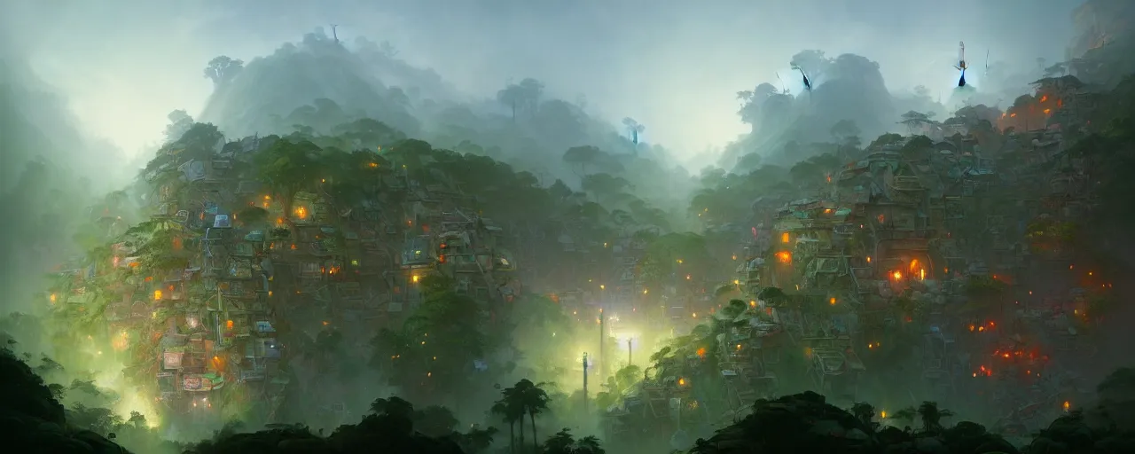 Image similar to cloud forest favelas by peter mohrbacher and craig mullins and james jean and marc simonetti