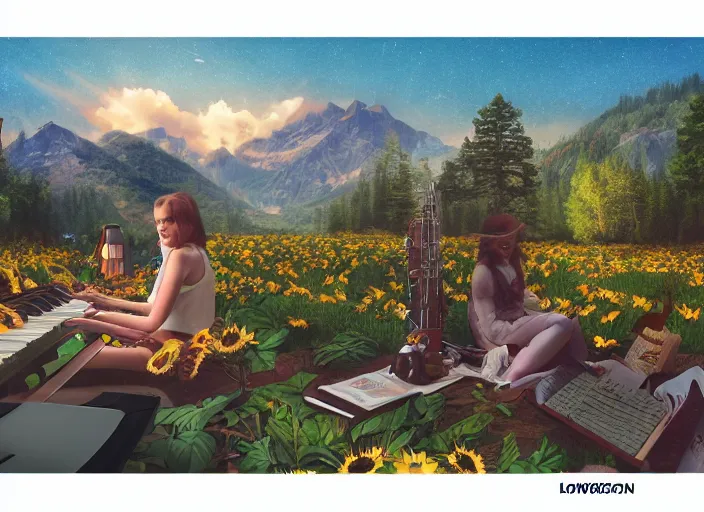 Prompt: 🌻🎹🎼, lowbrow in the style of corrie erickson, 8 k, matte painting,