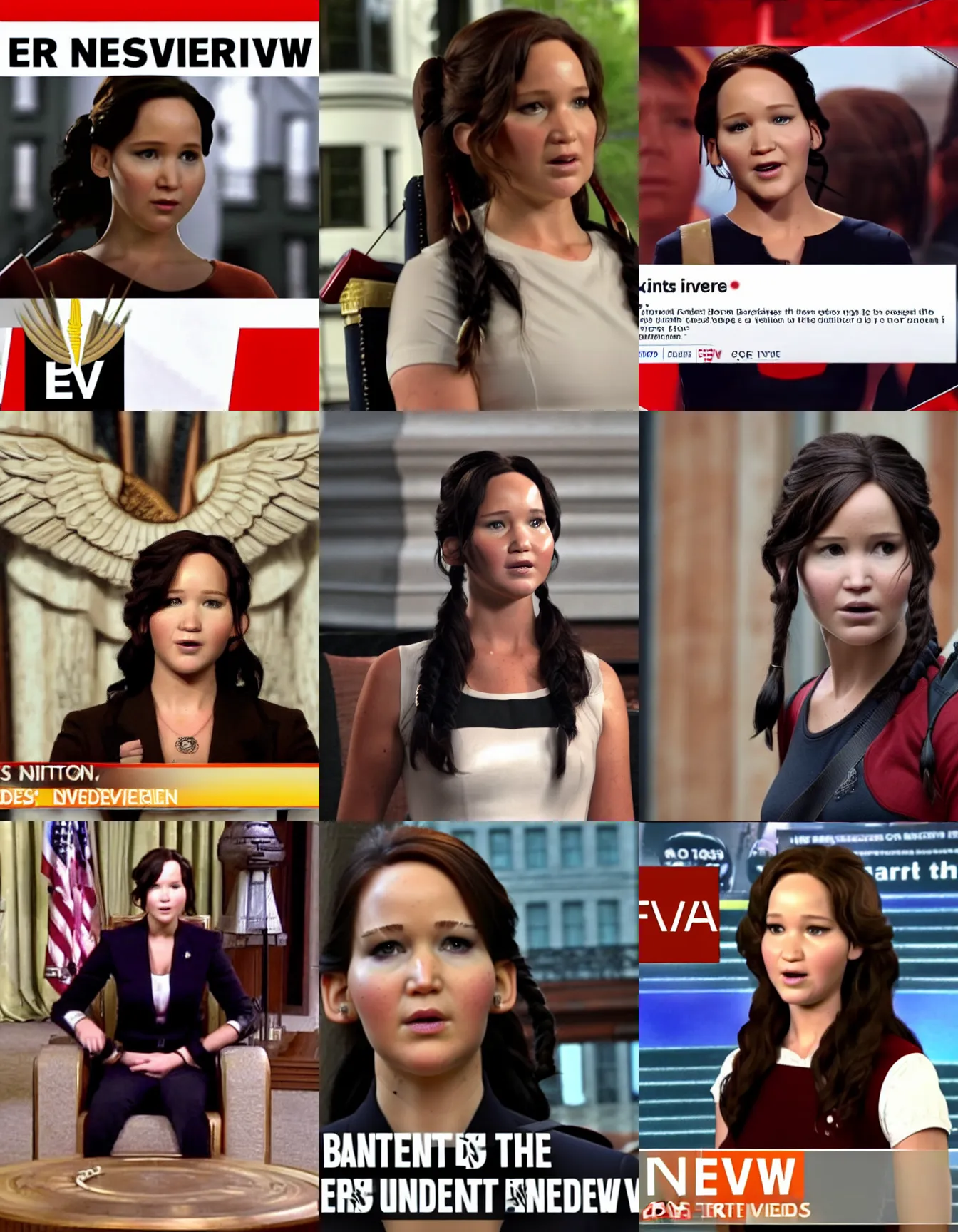 Prompt: katniss everdeen as the president of the united states, giving at interview on bbc news