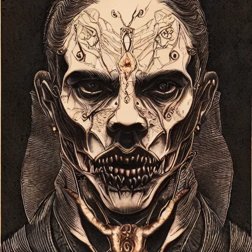 Prompt: vampiric human bloody head, highly detailed and intricate, golden ratio, dark gradient ink with intricate designs, hypermaximalist, elite, horror, creepy, ominous, haunting, majestic, ephemeral detailed art style by Olivier Ledroit and Mike Mignola and cgsociety, Victo Ngai and Artstation trending, art nouveau 8k