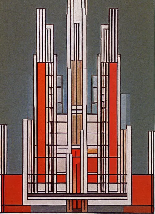 Image similar to isometric artdeco cathedral by frank lloyd wright, isometric, painted by piet mondrian