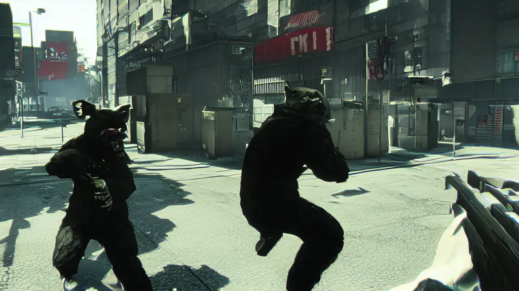 Image similar to Screenshot from the PC game Payday 2 demonstrating the fursuit unlock