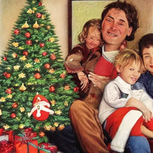 Prompt: “a merry Christmas card realistic painting of a happy family, in the foreground there’s a mother with two children on her lap, a boy and a girl. They’re smiling at the camera. There’s a decorated green Christmas tree and a log fire burning in the background. On the sofa is a scruffy homeless man sleeping.”