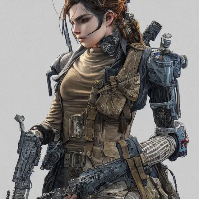 Image similar to the portrait of lawful neutral female cyberpunk infantry sniper as absurdly beautiful, gorgeous, elegant, young woman looking up, an ultrafine hyperdetailed illustration by kim jung gi, irakli nadar, intricate linework, bright colors, octopath traveler, final fantasy, unreal engine 5 highly rendered, global illumination, radiant light, detailed and intricate environment