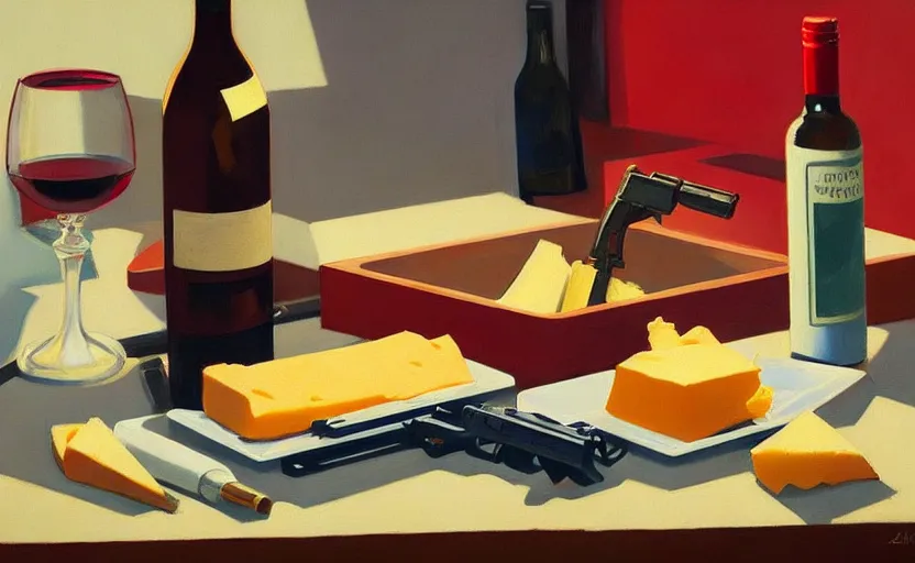 Prompt: beautiful still life featuring tillamook cheese, and red wine and a gun, very coherent, painted by Edward Hopper, painted by James Gilleard, airbrush, art by JamesJean