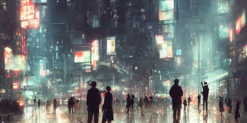 Prompt: orwellian metropolitan city with citizens staring at their phones walking on the street by yoshitaka amano, by ruan jia, by conrad roset, by kilian eng, by good smile company, high detail, digital painting, industrial art, cinematic lighting, artstation, cgsociety, 3 5 mm film grain