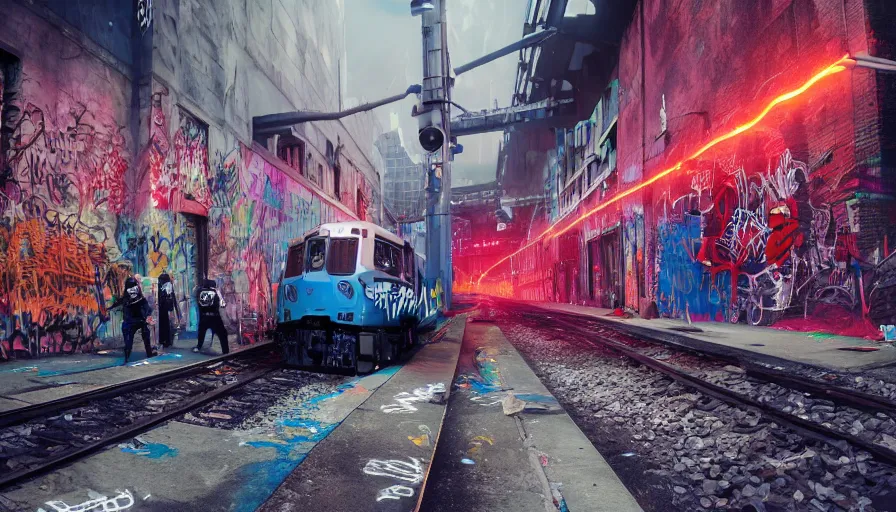 Prompt: urbanpunk - graffiti artists tagging a train in inner city new york, urban youth street clothing, spray cans, friends, graffiti street art, police flashing lights blue an red, spotlight, octane render, unreal 5, 8 k depth of field, highly - detailed, in the style of boondocks