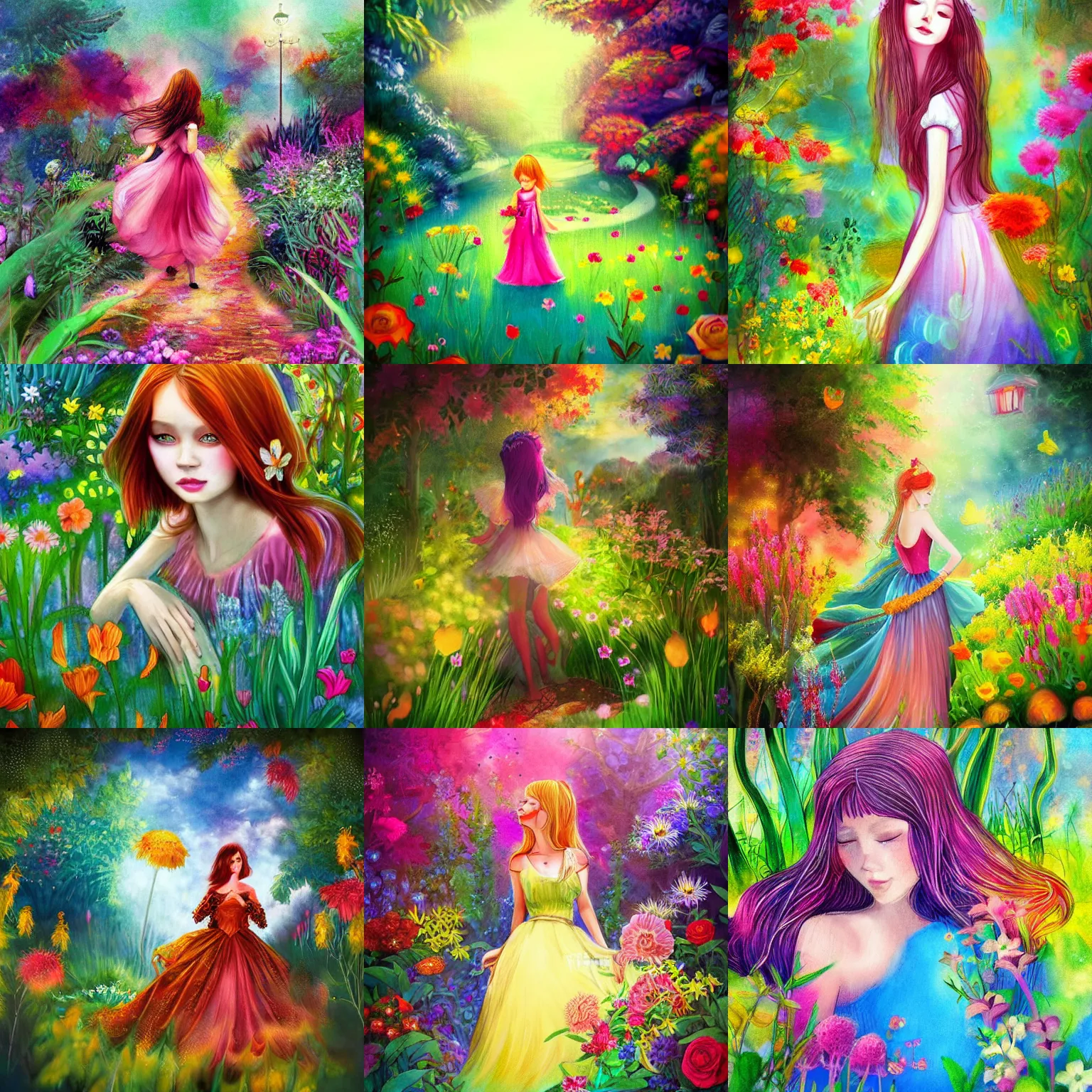 Prompt: kind princess, garden, atmosphere, vibrant, colorful, illustration, dreamy, art, realistic