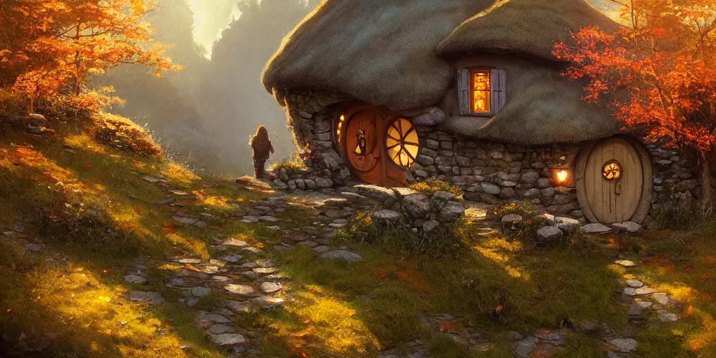 Image similar to a hobbit cottage on top of a steep hill, greg rutkowski, zabrocki, moebius, karlkka, jayison devadas, highly detailed, autumn sunlights, smoky atmosphere, ( ray of sunlight ), trending on artstation, sharp details, 8 k, ultra wide angle, zenith view, lens effect