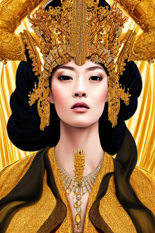 Image similar to a beautiful empress portrait, with a brilliant, impossible striking shiny big gold headpiece, gold clothes, rococo, baroque, jewels, asian, realistic, closeup, D&D, fantasy, intricate, elegant, highly detailed, digital painting, artstation, octane render, studio lighting, 8k, concept art, matte, sharp focus, illustration, art by Gustav Klimt, Artgerm and Greg Rutkowski and Alphonse Mucha