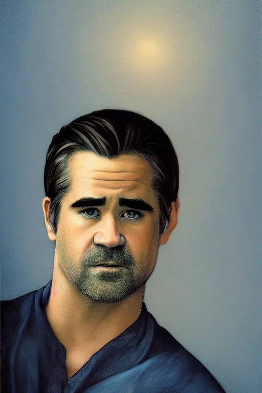 Image similar to portrait of colin farrell, digital painting by maxfield parrish and caravaggio, photorealistic