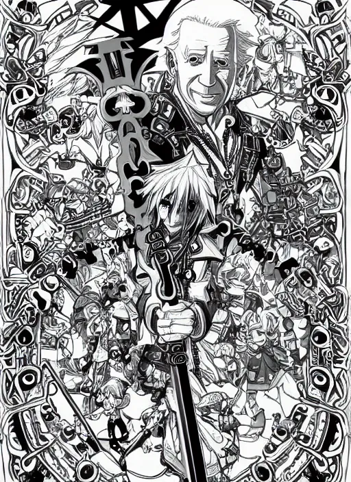 Image similar to joe biden as a kingdom hearts keyblade villain, official square enix hand painted line art, intricate design, high definition, delicate patterned, fantasy, fashionable rpg clothing