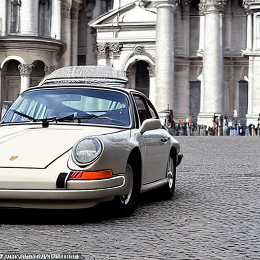 Image similar to a stunning award-winning photo of the Pope doing a sick drift in his Porsche on St. Peter's square, dark tire marks, gray smoke coming out of the tires, very high quality, extremely detailed