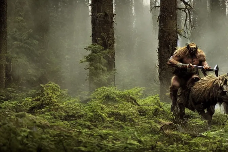 Image similar to vfx movie closeup detailed ancient warrior orc hunting elk in the forest, natural lighting by emmanuel lubezki