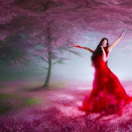 Prompt: a high definition photo of a woman wearing a red dress gracefully dancing in a forest of cherry blossoms as pink petals surround her as she controls the wind, artstation, extremely detailed man, stunning volumetric lighting, hyper realism, fantasy 4k