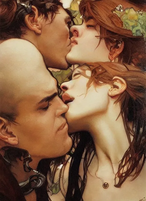 Prompt: a kiss. close up on highly detailed faces. painting by artgerm and greg rutkowski and alphonse mucha.