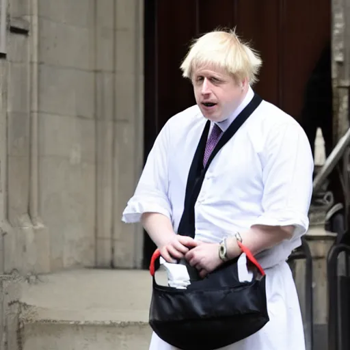 Image similar to boris johnson looking depressed in a maid costume